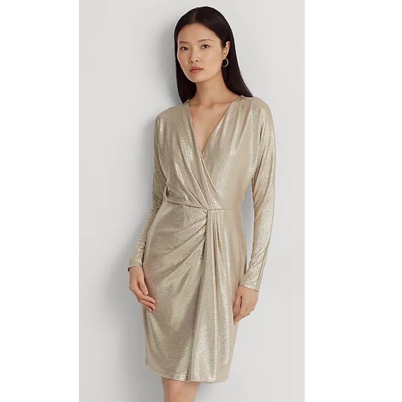 LAUREN RALPH LAUREN WOMENS 16 FAUX WRAP STRETCH COCKTAIL DRESS METALLIC GOLD NEW - Picture 3 of 14